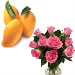 "Banginapally Mangoes - Pack 5 kgs, 12 pink roses in a vase - Click here to View more details about this Product